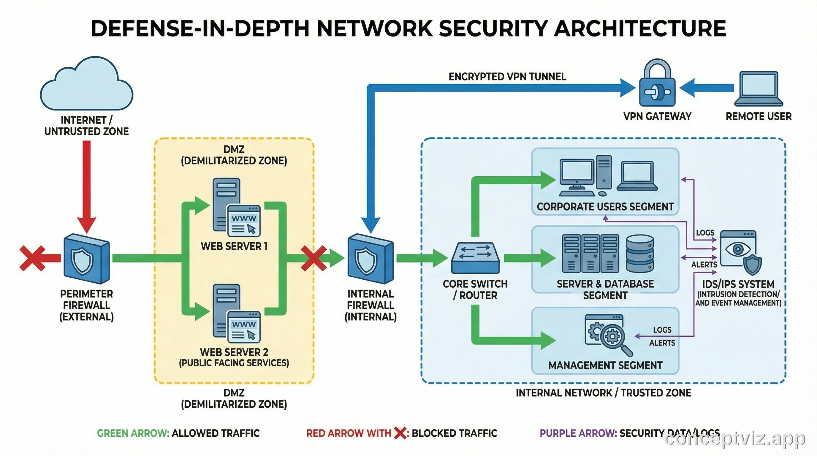 Network security architecture diagram showing defense-in-depth layers with firewalls, DMZ, IDS/IPS, and security zones.