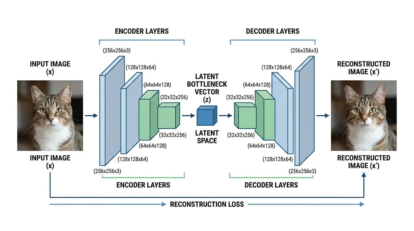 Diagramme de réseau de neurones autoencodeur avec encodeur, goulot latent, decodeur et sortie de reconstruction.