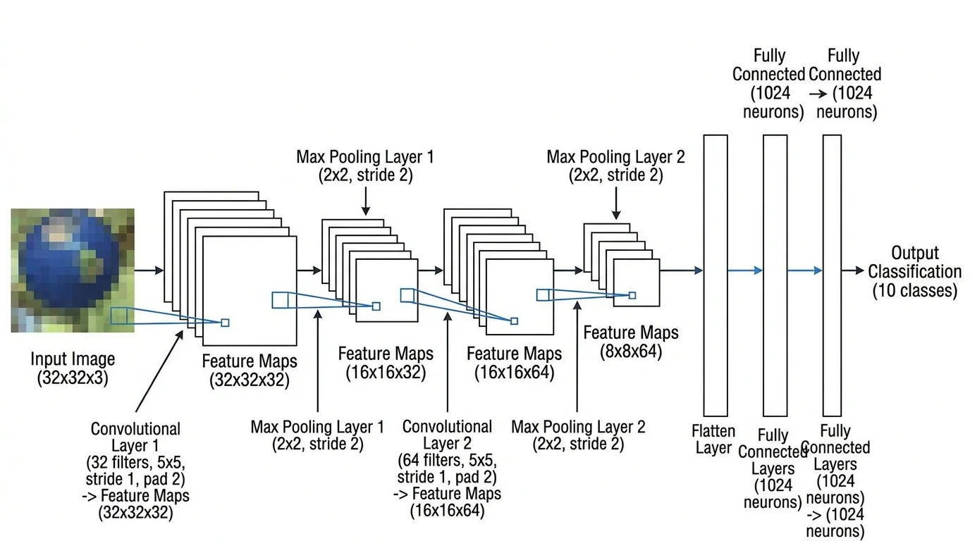 Diagramme de réseau de neurones convolutif avec convolution, pooling, aplatissement et couches de sortie denses.
