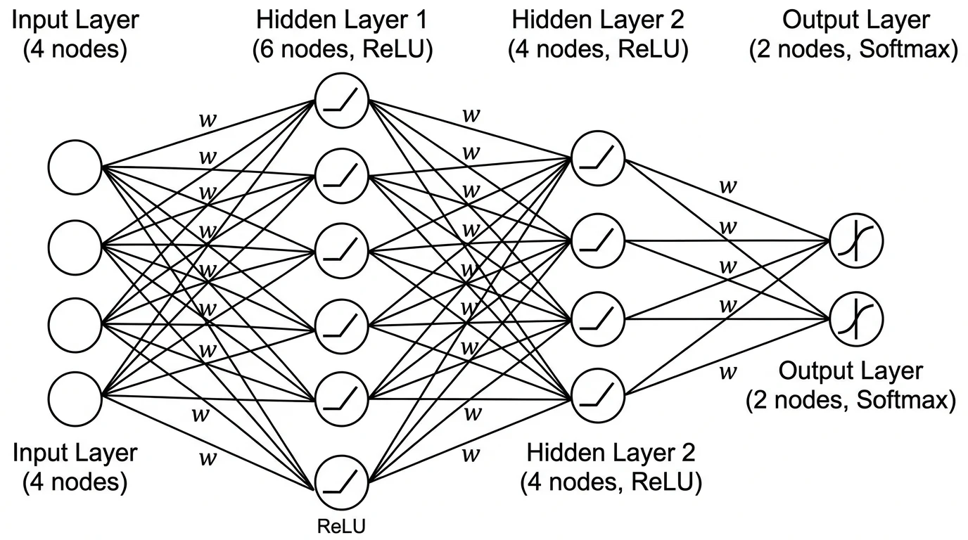 Diagramme de réseau de neurones perceptron multicouche feedforward avec couches d'entree, cachees et de sortie.