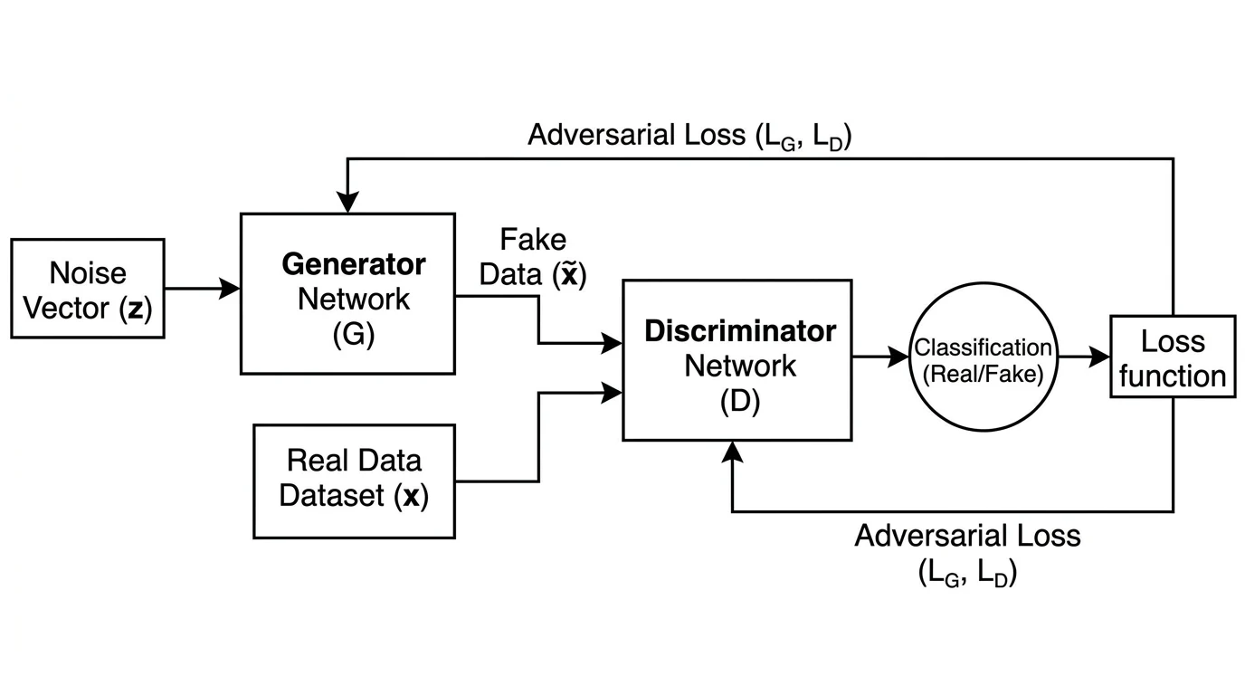 Diagramme de réseau antagoniste generatif montrant le générateur, le discriminateur, les donnees reelles, les donnees fausses et la boucle adversariale.