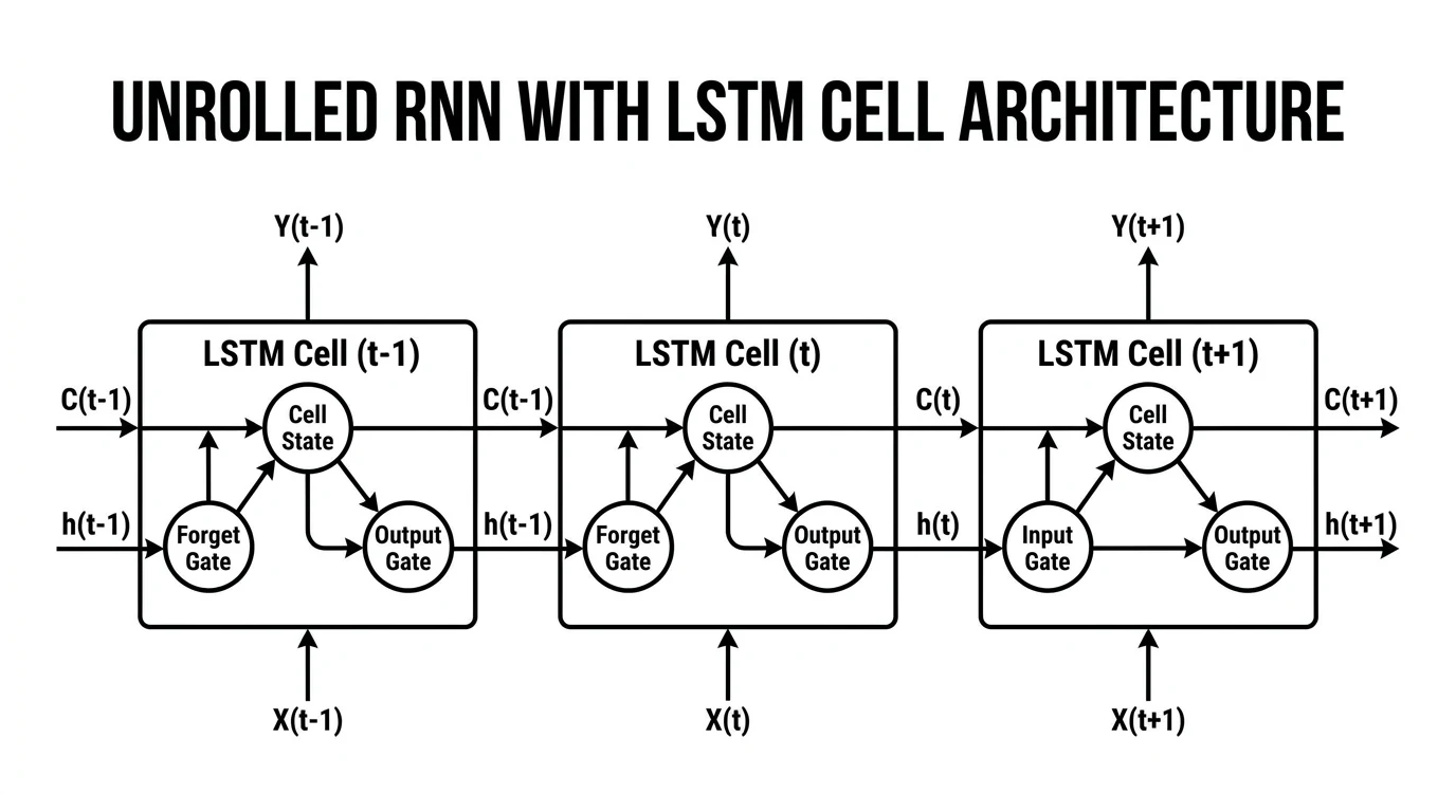 Diagramme de réseau de neurones reçurrent montrant les portes LSTM, l'etat de cellule et le flux de sequence sur les pas de temps.