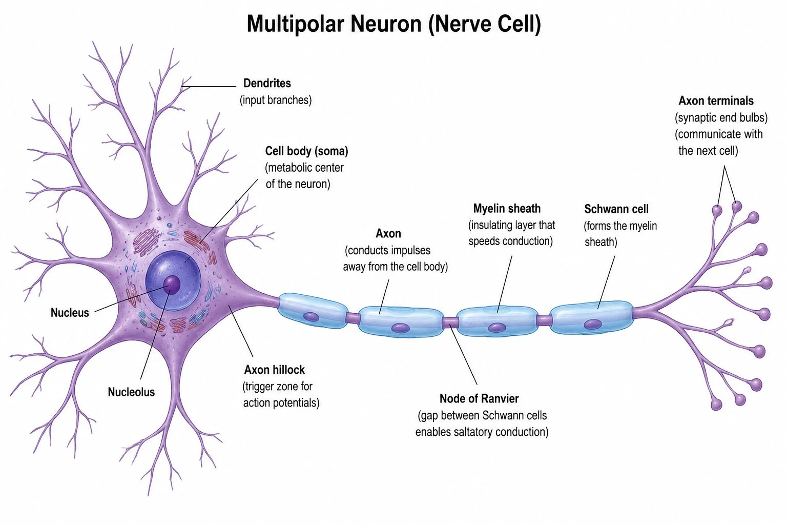 Fully labeled neuron diagram showing dendrites, soma, nucleus, axon, myelin sheath, nodes of Ranvier, and axon terminals