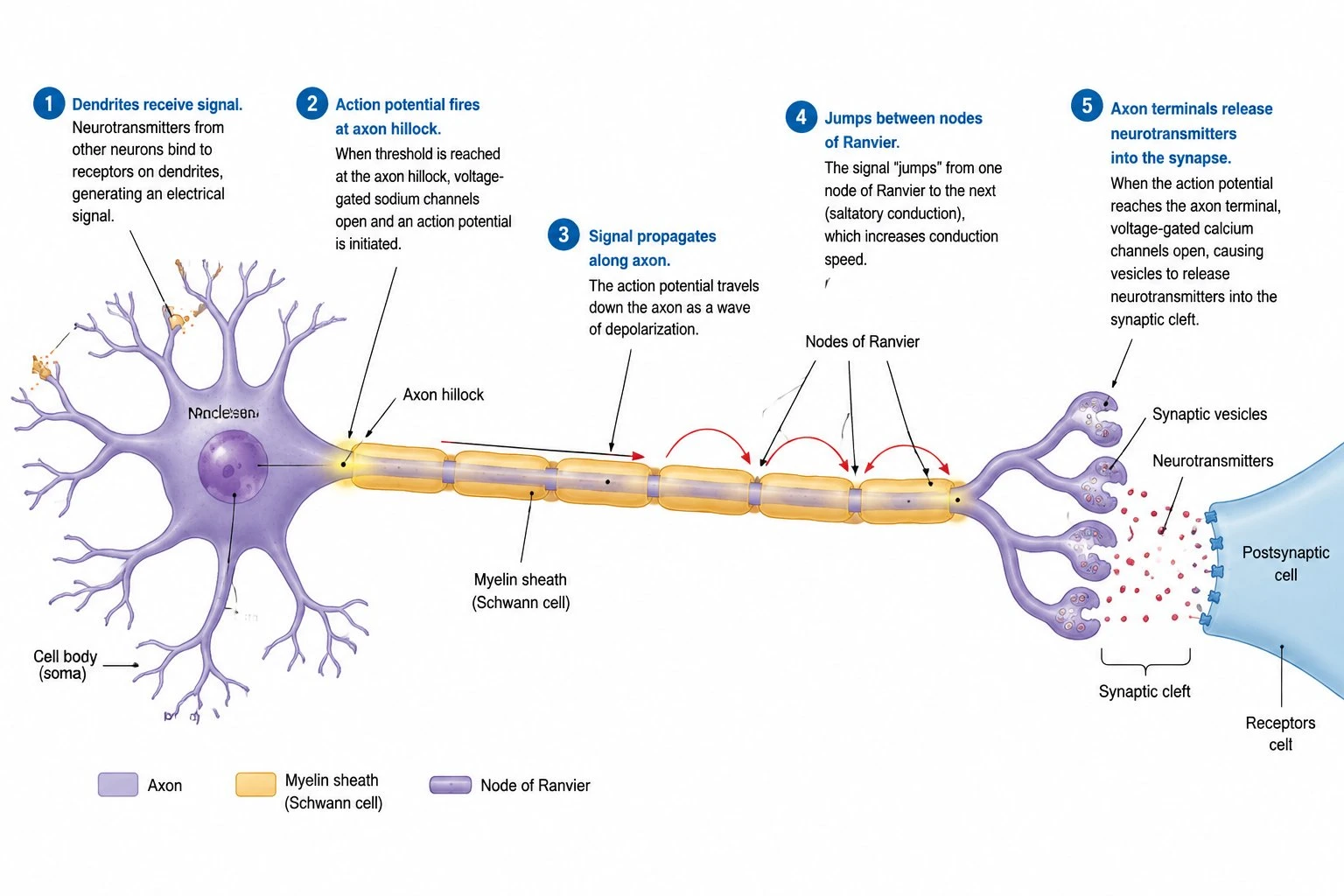 Diagram showing how an action potential travels from dendrite to axon terminal with labeled steps and arrows