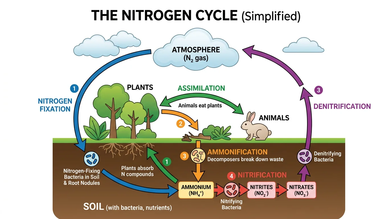 Simplified nitrogen cycle diagram with color-coded arrows showing the main pathways of nitrogen transformation in nature.