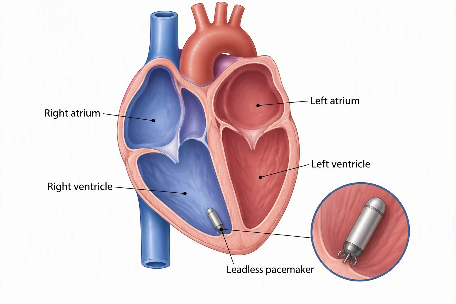 AI-generated heart cutaway with a small leadless pacemaker capsule in the right ventricle, a magnified inset, and the four chambers labeled