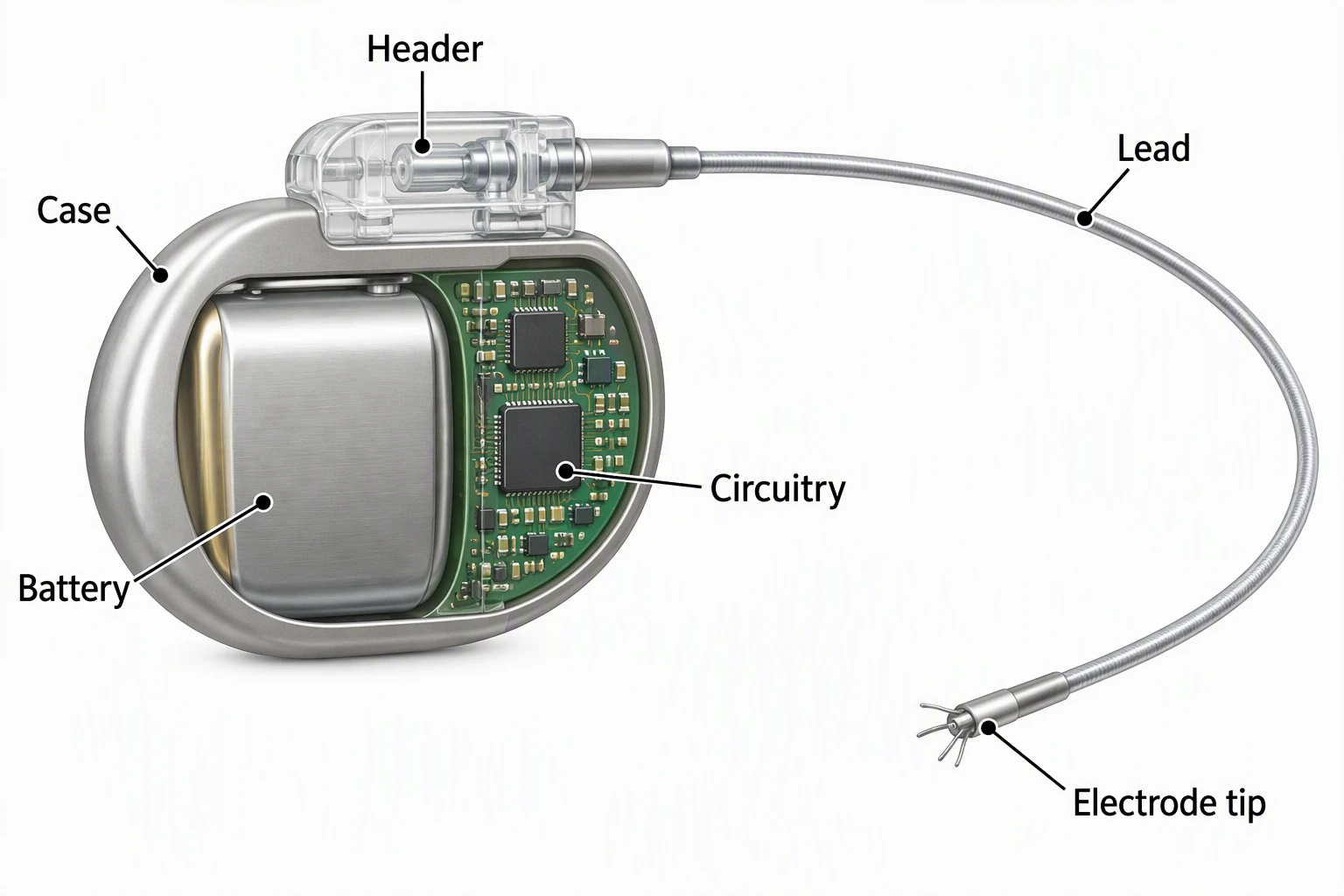 AI-generated close-up of a pacemaker pulse generator with a cutaway showing the battery and circuitry, a header, a lead and an electrode tip, all labeled