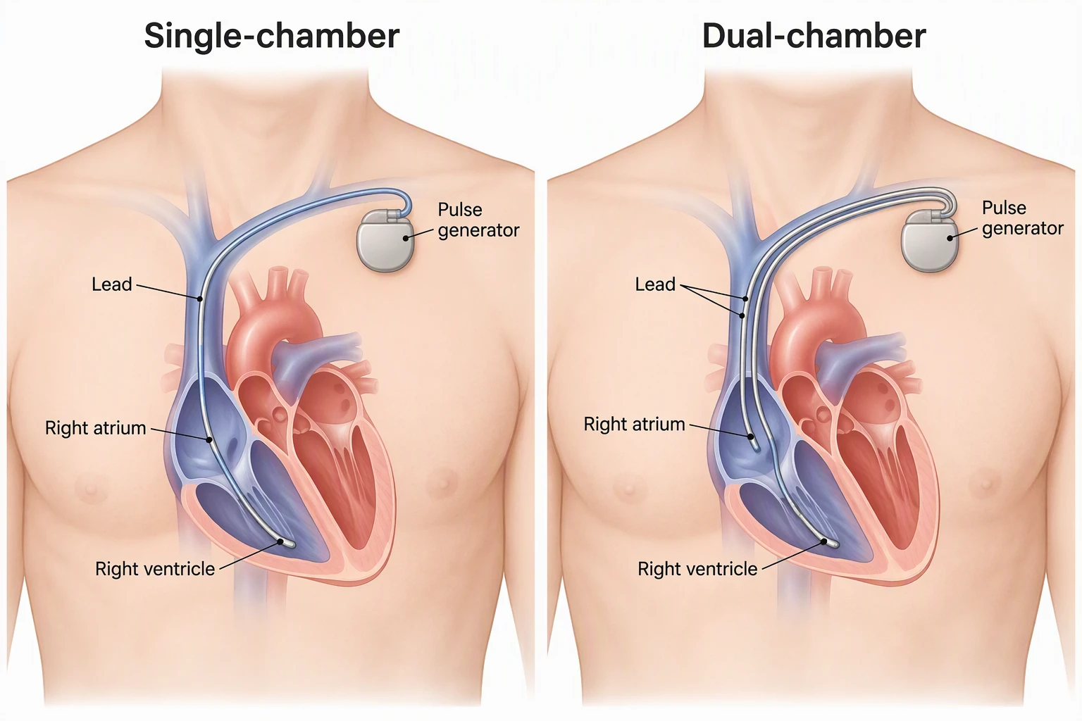 AI-generated two panel comparison of a single-chamber pacemaker with one lead in the right ventricle and a dual-chamber pacemaker with leads in the right atrium and right ventricle
