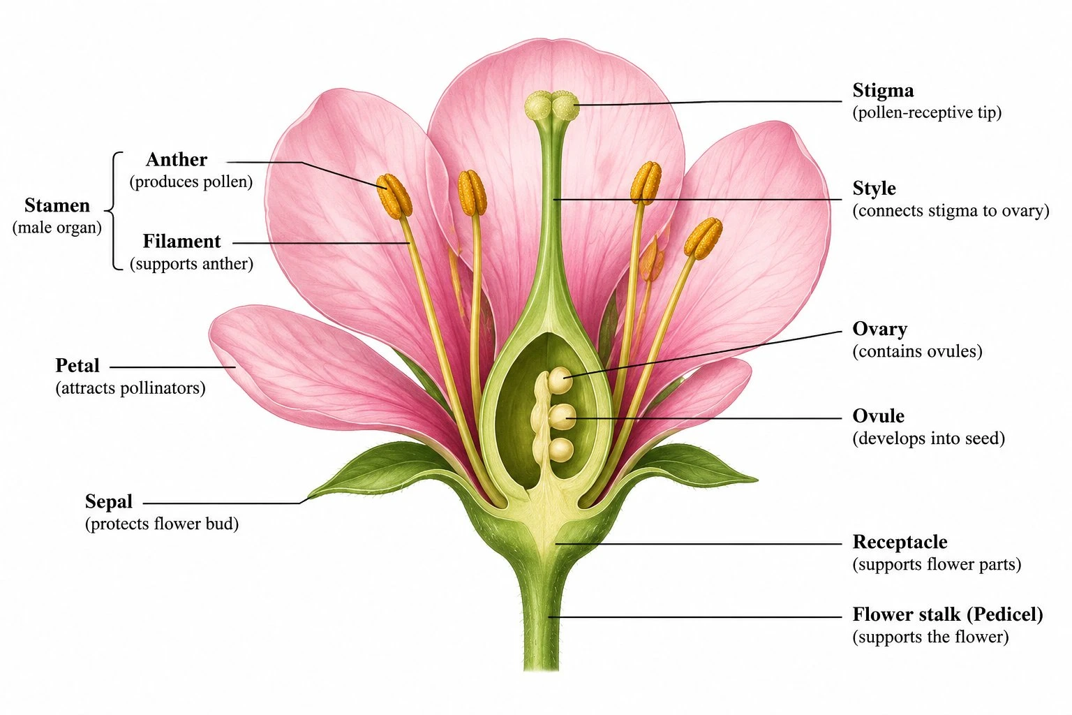 Cross-section diagram of a flower showing the internal parts: ovary, ovule, style, and stigma, plus the external petals and sepals, all labeled
