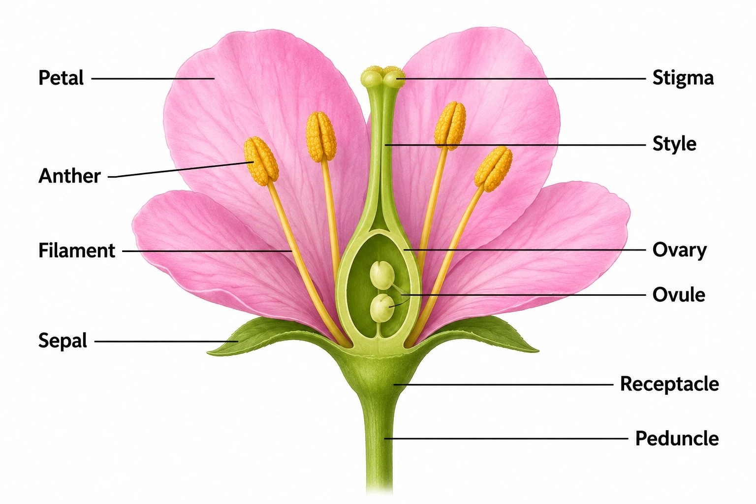Labeled diagram of a flower showing petal, sepal, anther, filament, stigma, style, ovary, ovule, receptacle, and peduncle