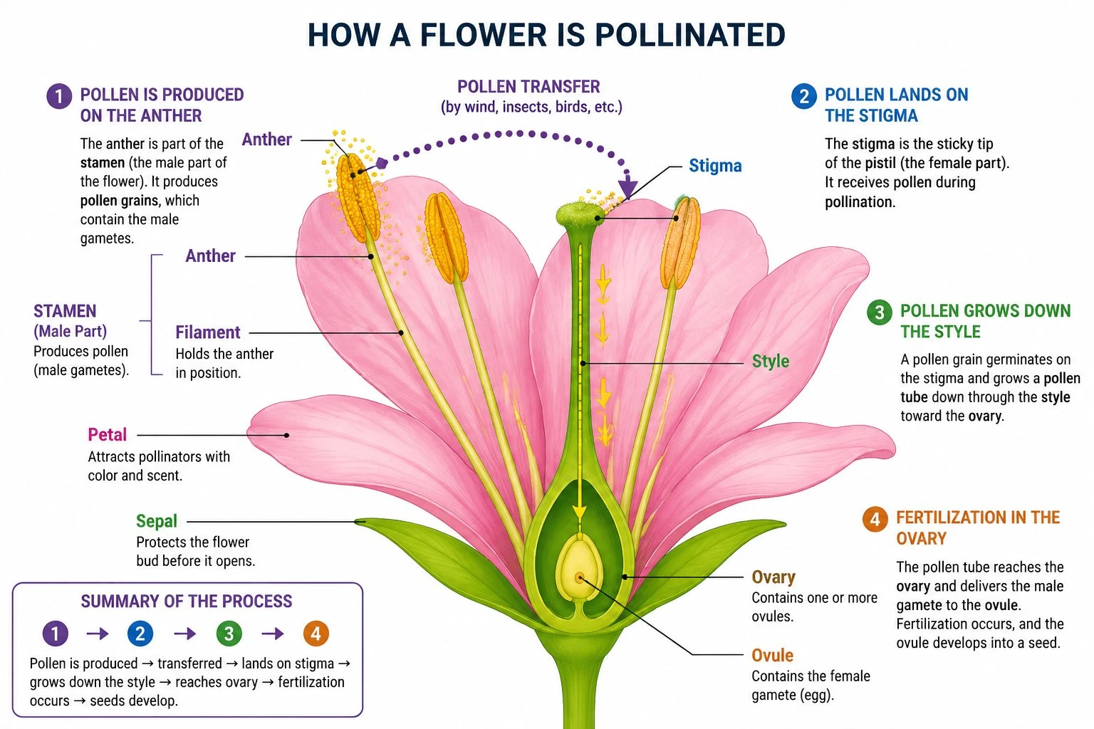 Diagram showing the role of flower parts in pollination: pollen on the anther, pollen transfer to the stigma, and the path through the style to fertilization in the ovary