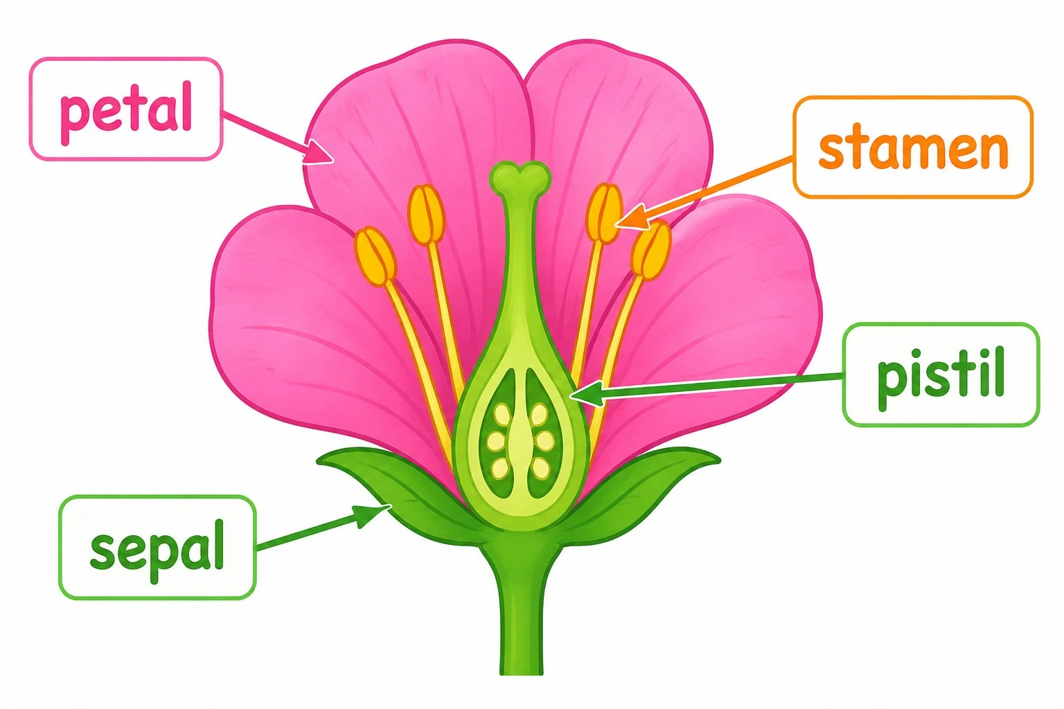 A simplified, brightly colored flower diagram for younger students with the petal, sepal, stamen, and pistil labeled in large clear text