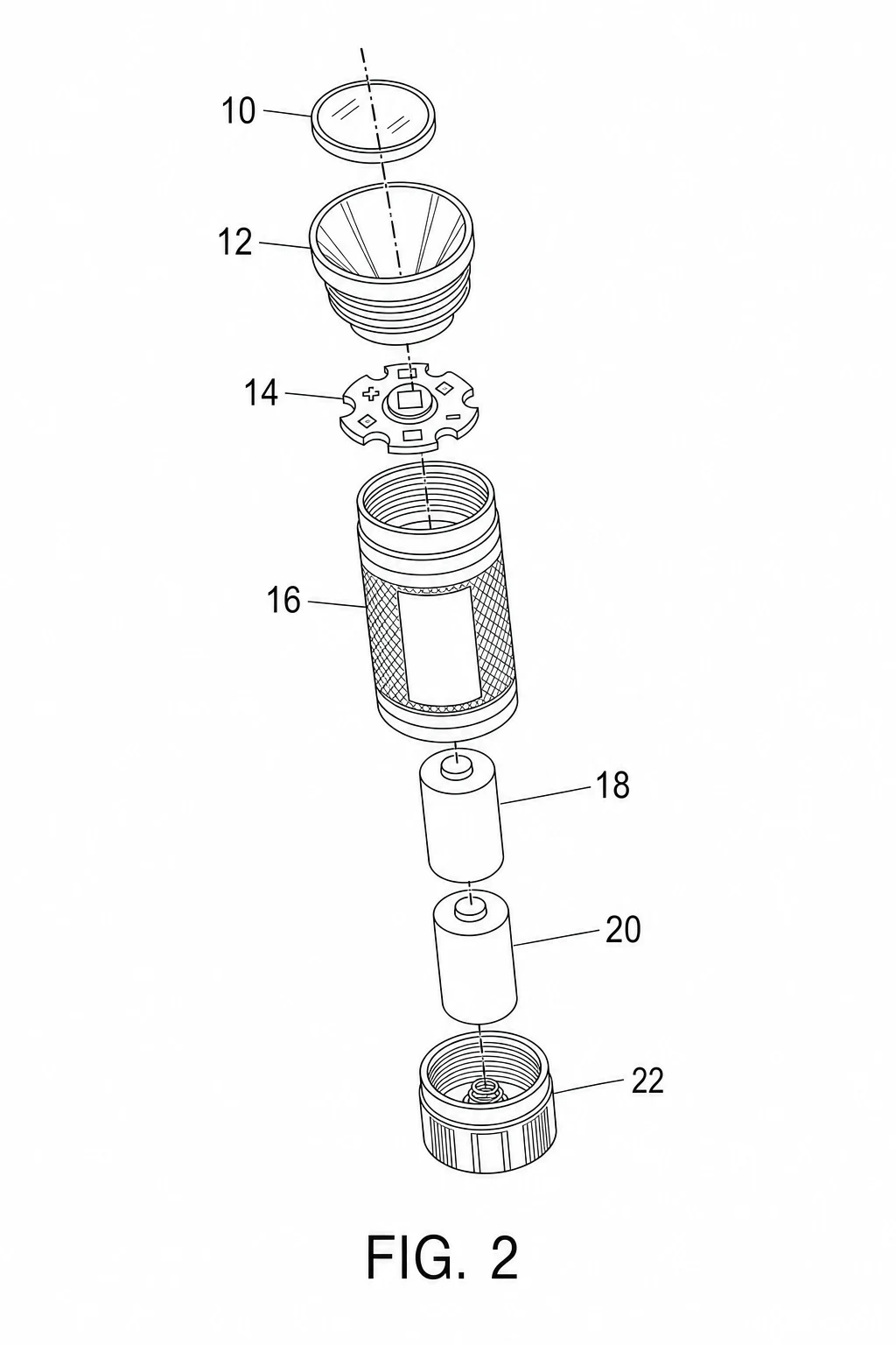 Earlier AI patent drawing of an exploded flashlight with a dash-dot center line running through the parts, which the USPTO drawing rules do not allow