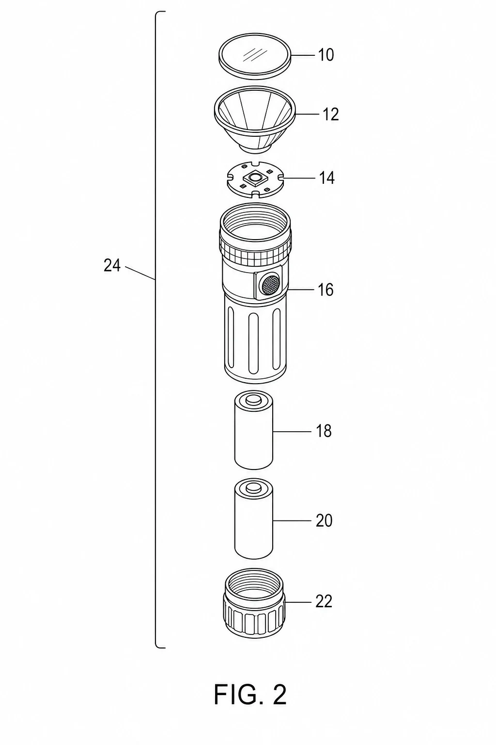 AI patent drawing FIG. 2: exploded view of a flashlight with lens, reflector, LED module, battery tube, batteries, and tail cap, grouped by a bracket labeled 24