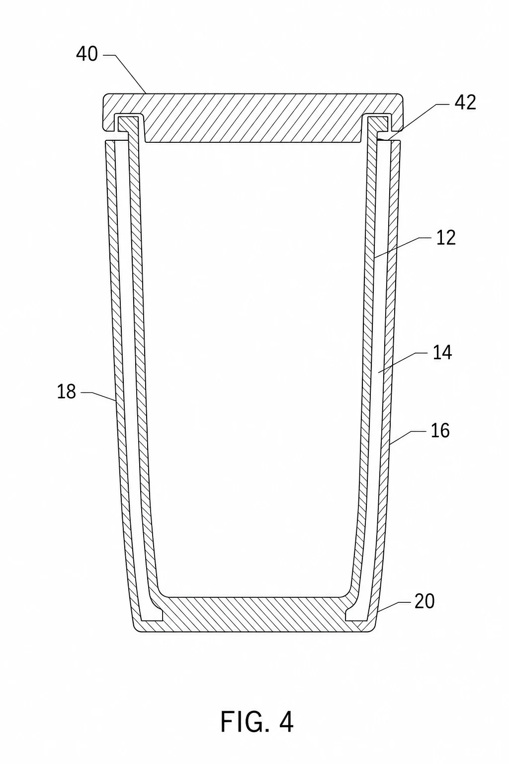 AI patent drawing FIG. 4: cross-section of a double-wall tumbler with 45 degree hatching on the cut walls and lid, reference numerals 12 to 42