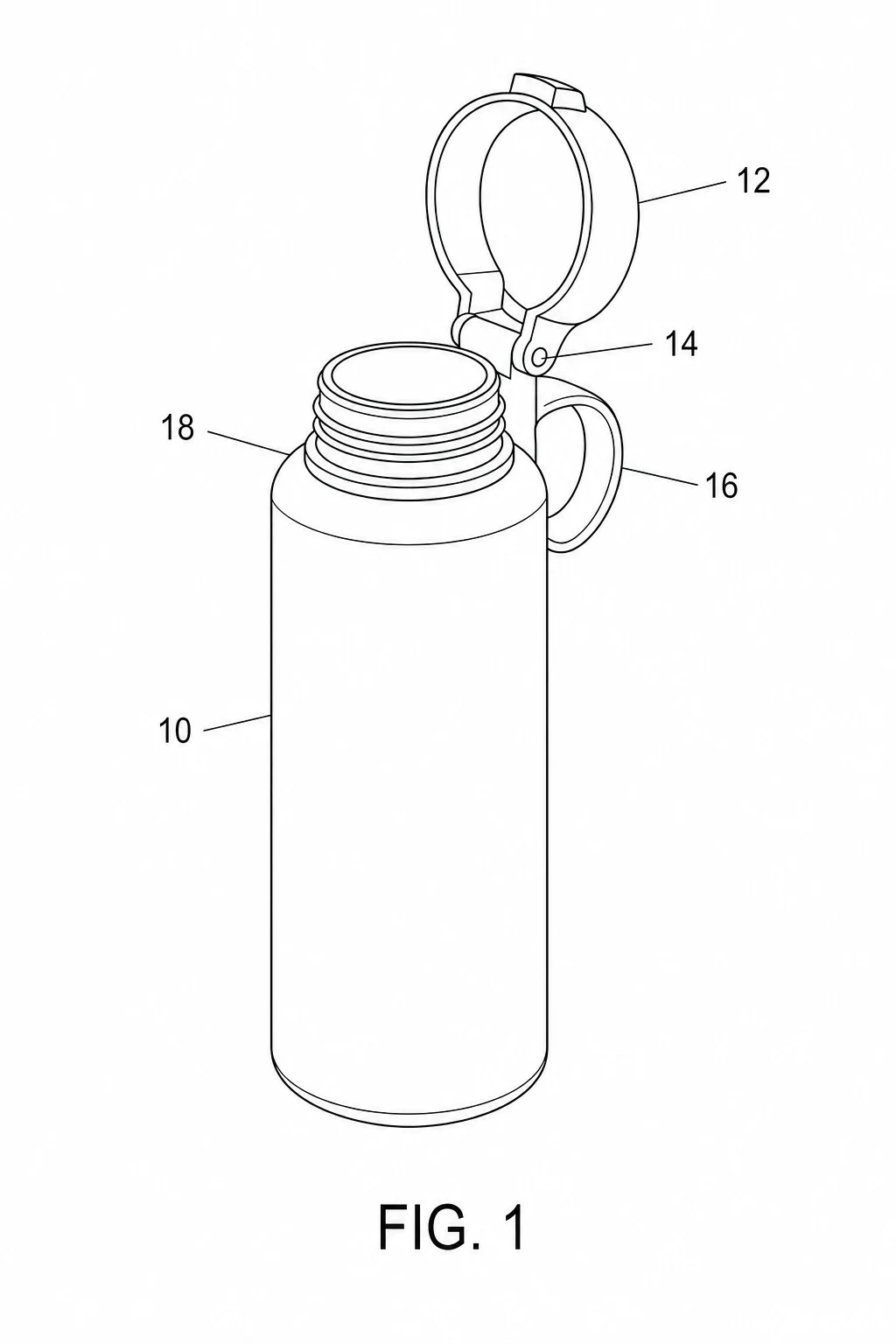 AI patent drawing FIG. 1: black line art perspective view of a water bottle with flip-top lid, hinge, carrying loop, and threaded neck labeled with reference numerals 10 to 18