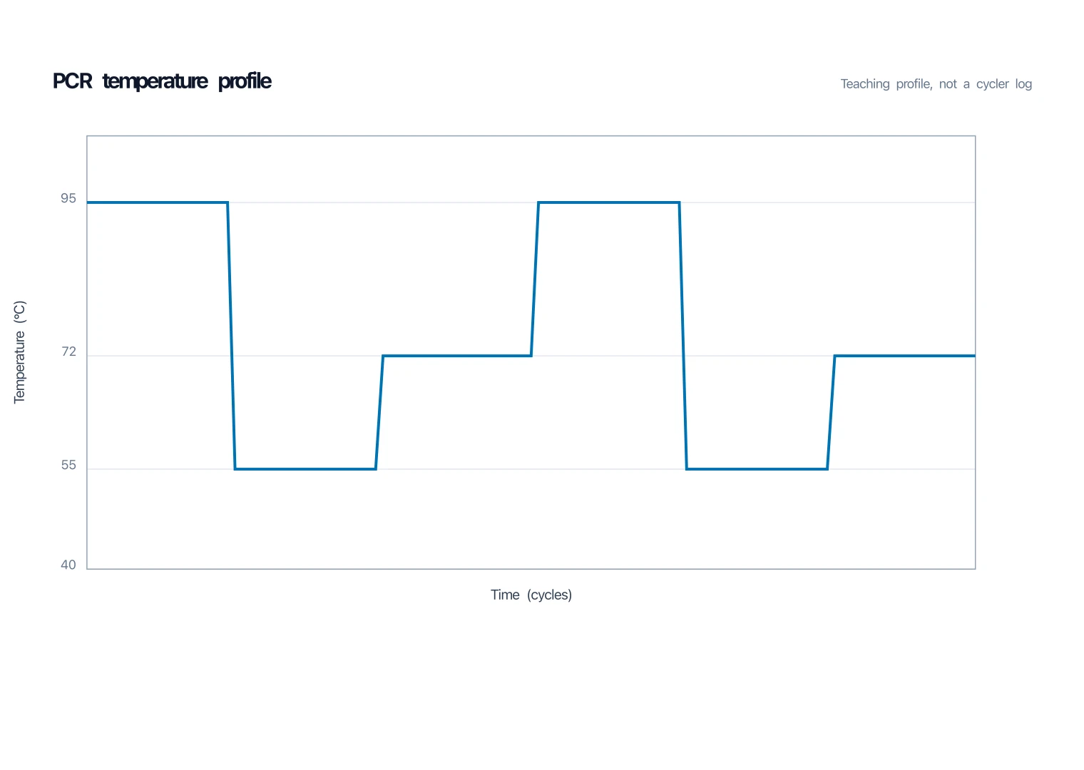 PCR temperature profile plotting 95, then 55, then 72 degrees Celsius across two cycles