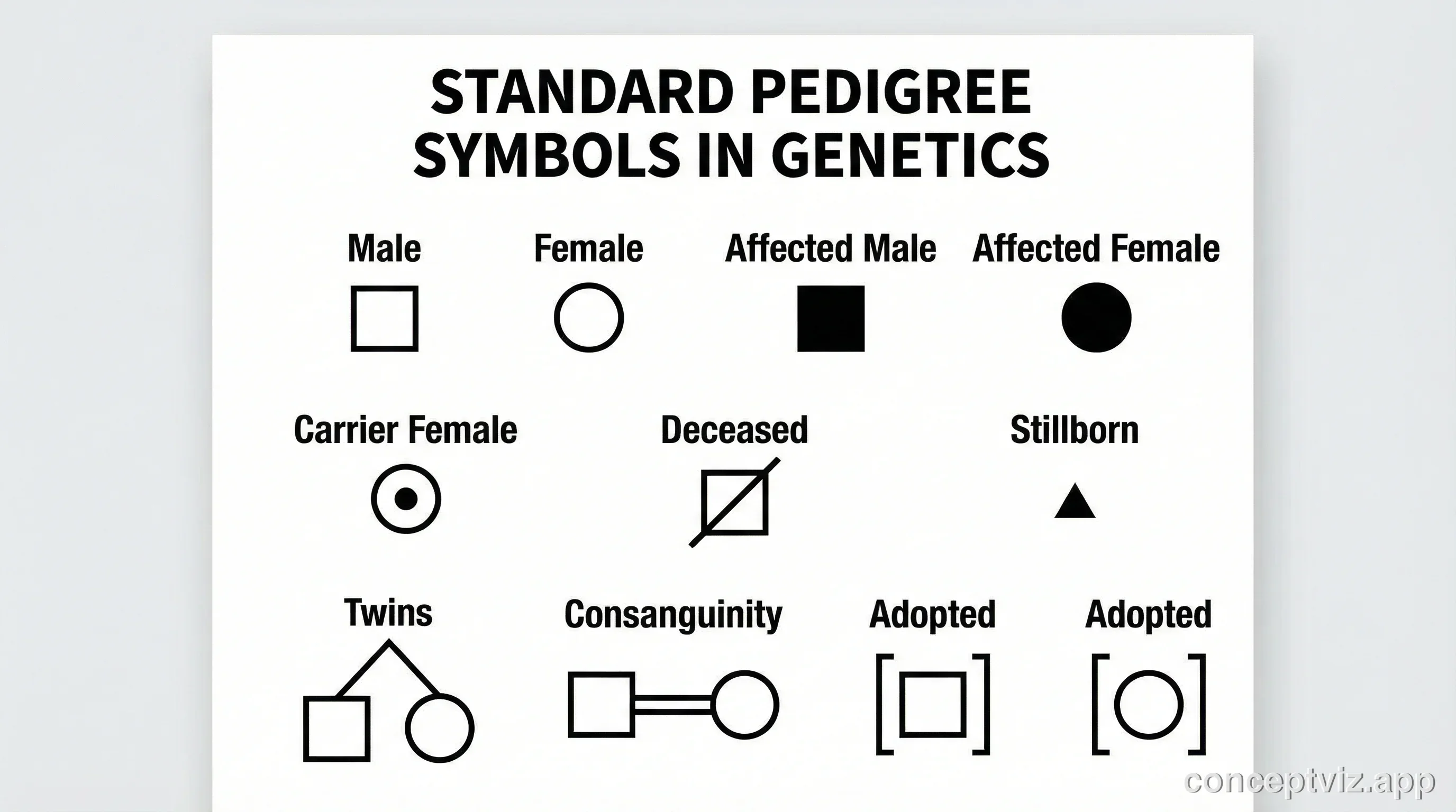 Reference chart showing all standard pedigree symbols including male, female, affected, carrier, deceased, and relationship lines.