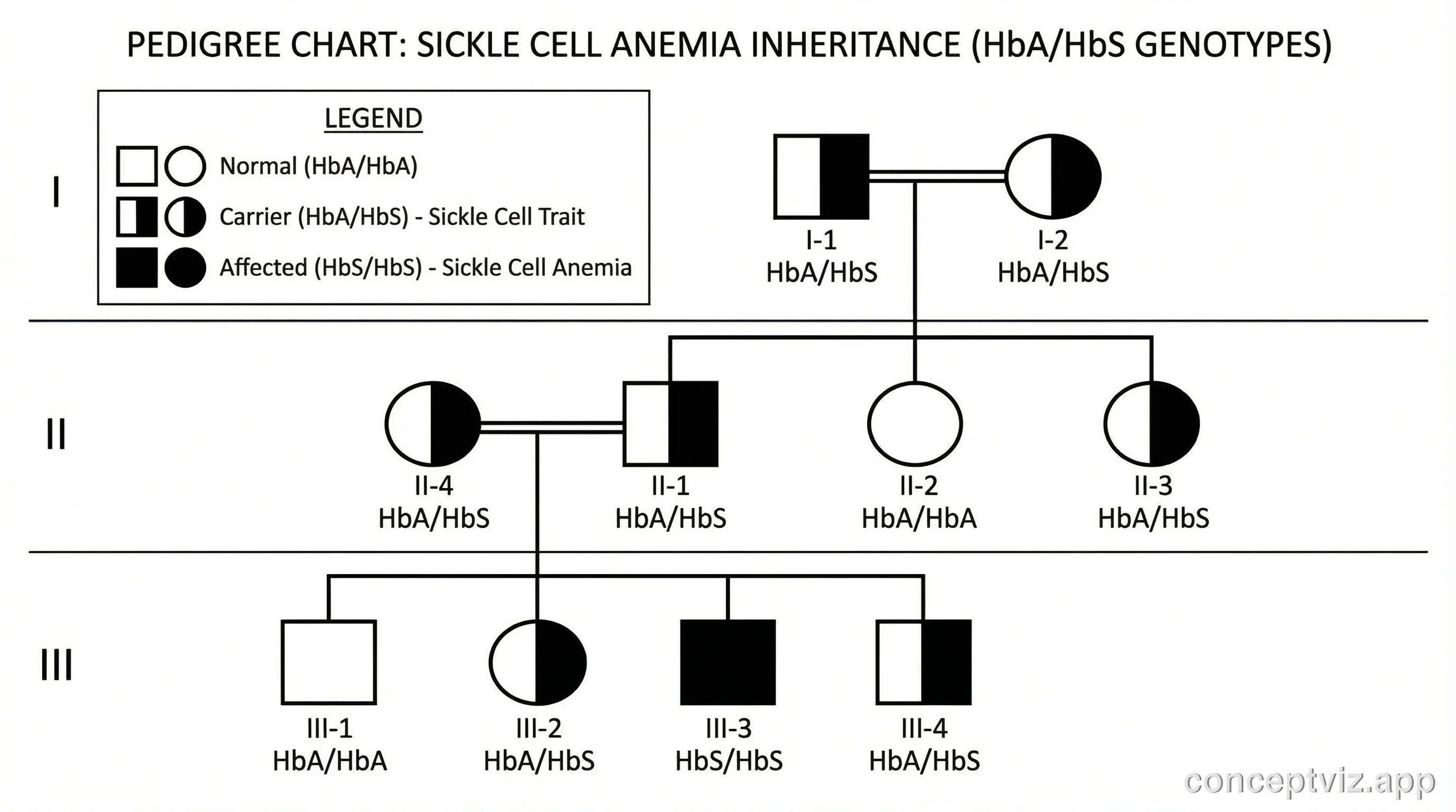 Pedigree chart showing sickle cell anemia inheritance with carriers (sickle cell trait) and affected individuals marked.