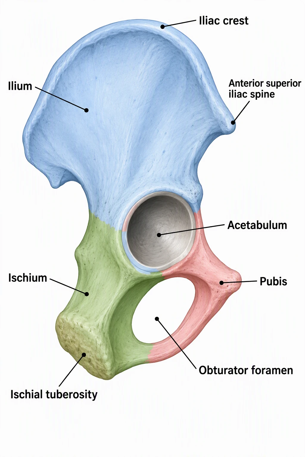 Right hip bone lateral view, anterior to the right, with Ilium, Ischium, and Pubis in three colors meeting at the Acetabulum, also labeled Iliac crest, Anterior superior iliac spine, Ischial tuberosity, and Obturator foramen