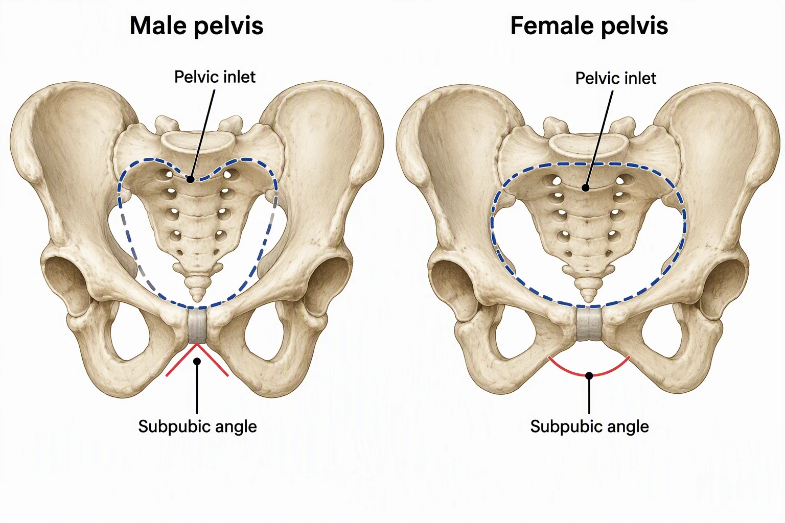 Two anterior pelvises at the same scale titled Male pelvis and Female pelvis, each labeled Pelvic inlet and Subpubic angle