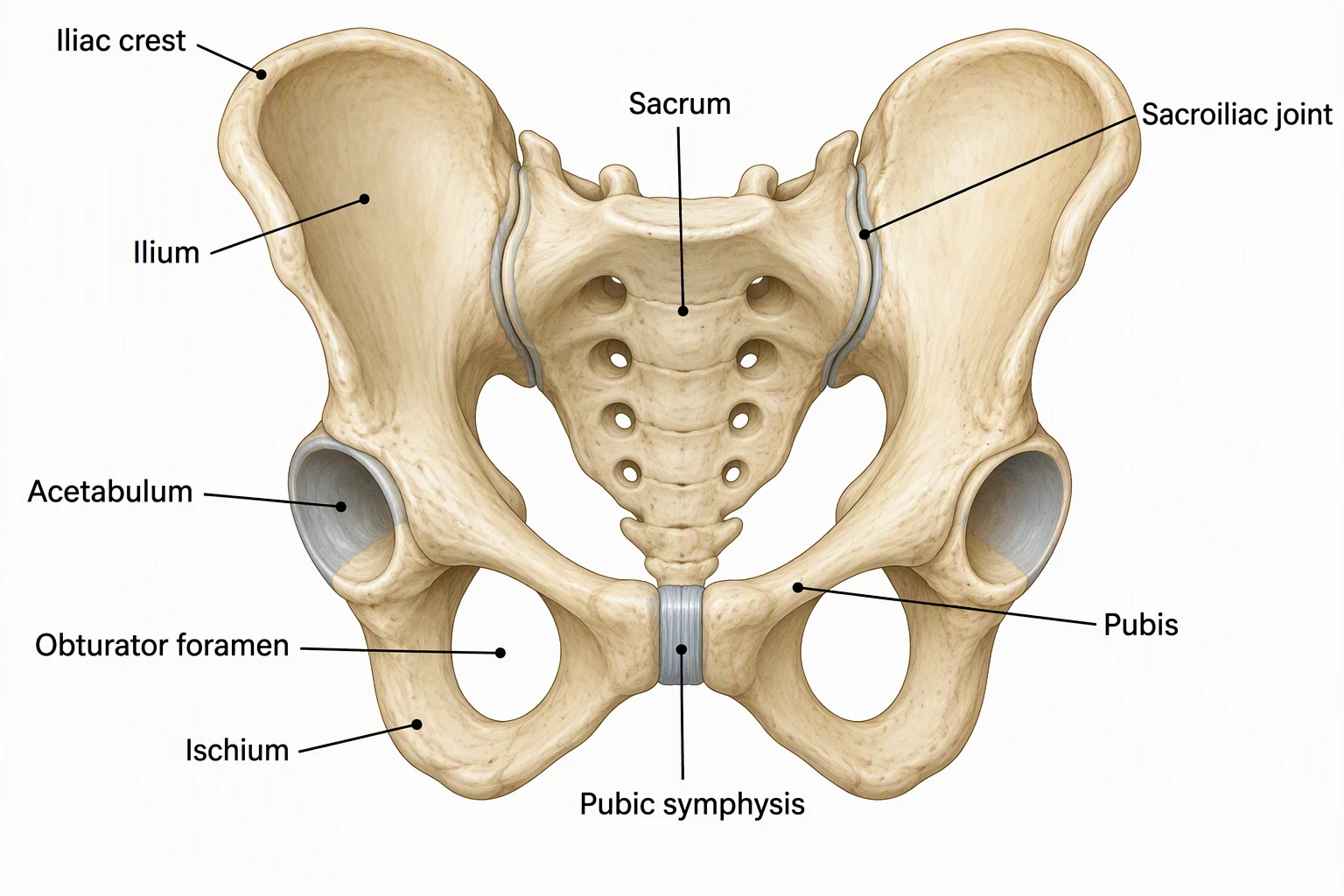 Labeled adult pelvis in anterior view showing Ilium, Ischium, Pubis, Sacrum, Iliac crest, Acetabulum, Pubic symphysis, Obturator foramen, and Sacroiliac joint