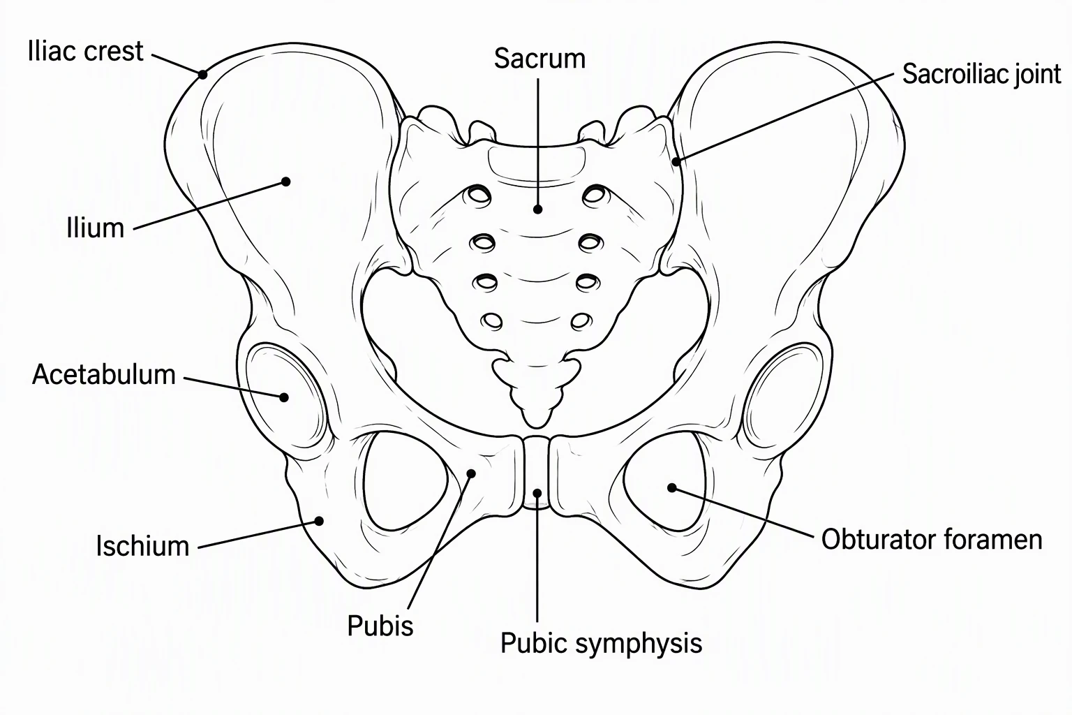 Black-and-white outline pelvis coloring page labeled Ilium, Ischium, Pubis, Sacrum, Iliac crest, Acetabulum, Pubic symphysis, Obturator foramen, and Sacroiliac joint