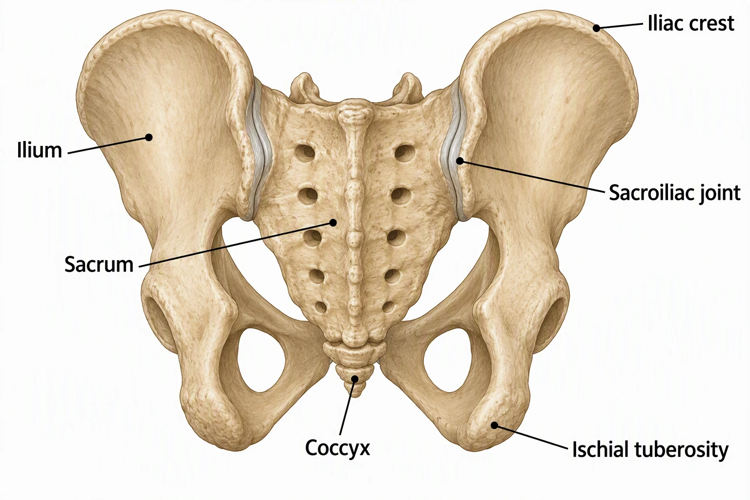 Adult pelvis posterior view labeled Sacrum, Coccyx, Ilium, Sacroiliac joint, Iliac crest, and Ischial tuberosity