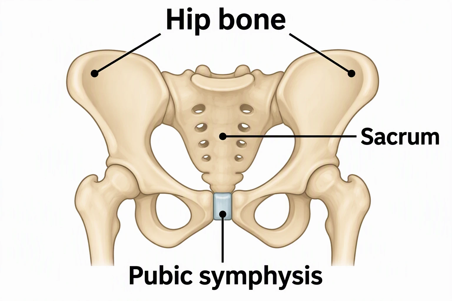 Simple anterior pelvis diagram labeled Hip bone on both sides, Sacrum, and Pubic symphysis