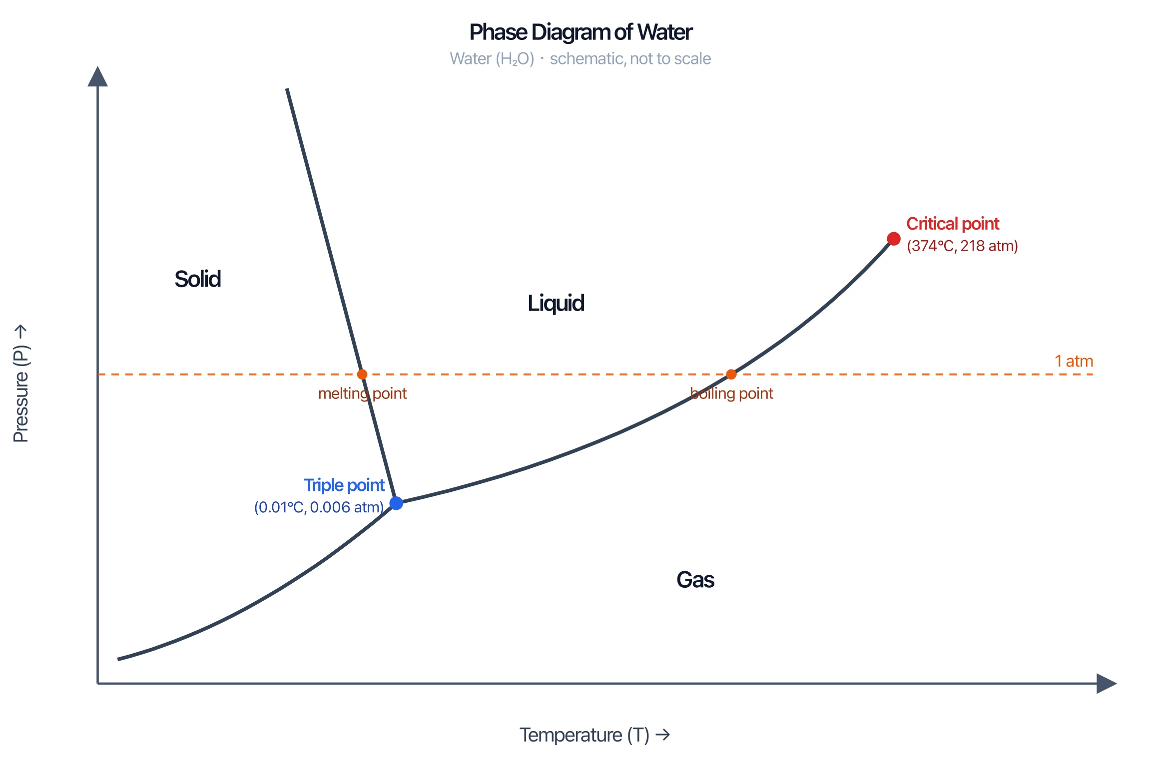 P-T phase diagram of water showing solid, liquid, gas regions, triple point, critical point, and the 1 atm melting and boiling points