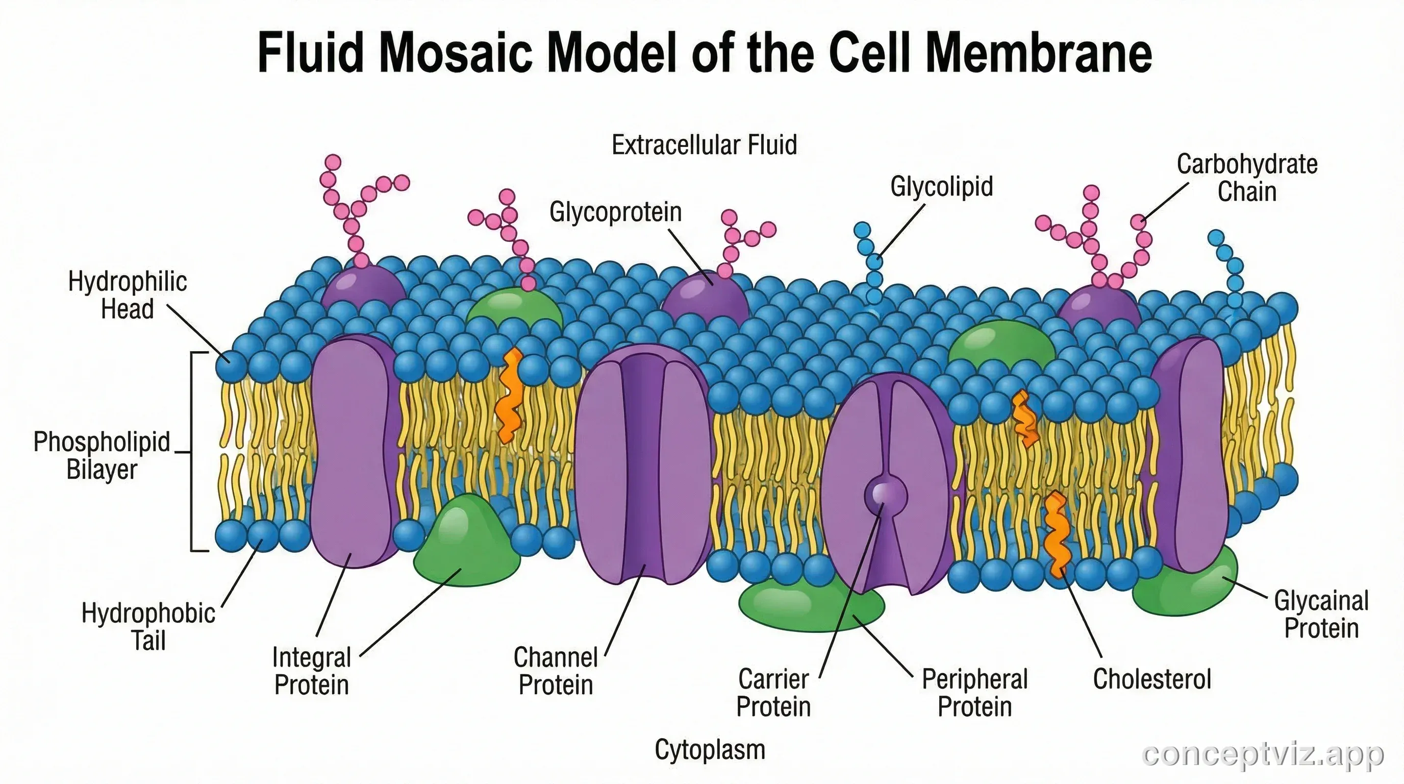 Complete cell membrane diagram showing fluid mosaic model with proteins
