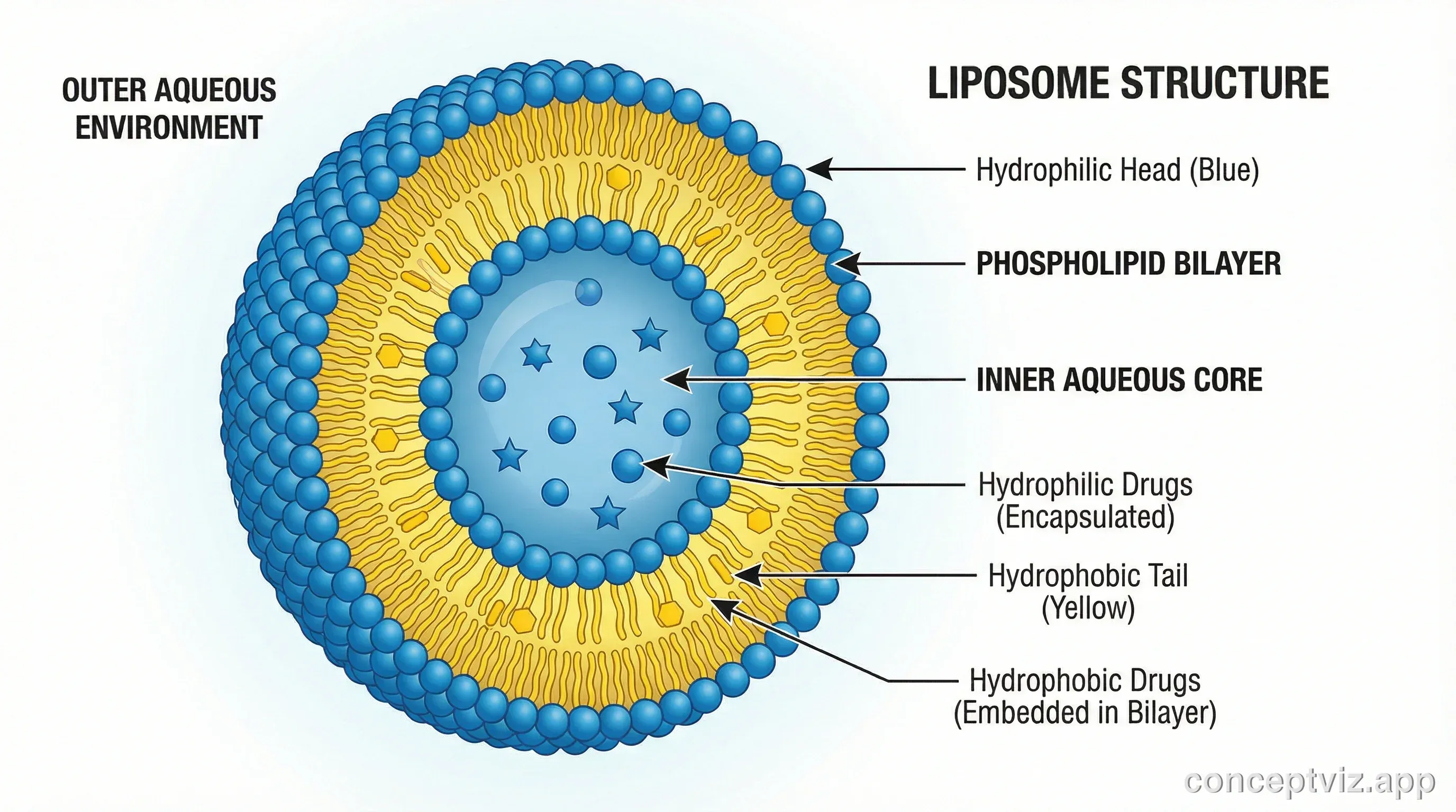 Cross-section of a liposome showing spherical phospholipid arrangement