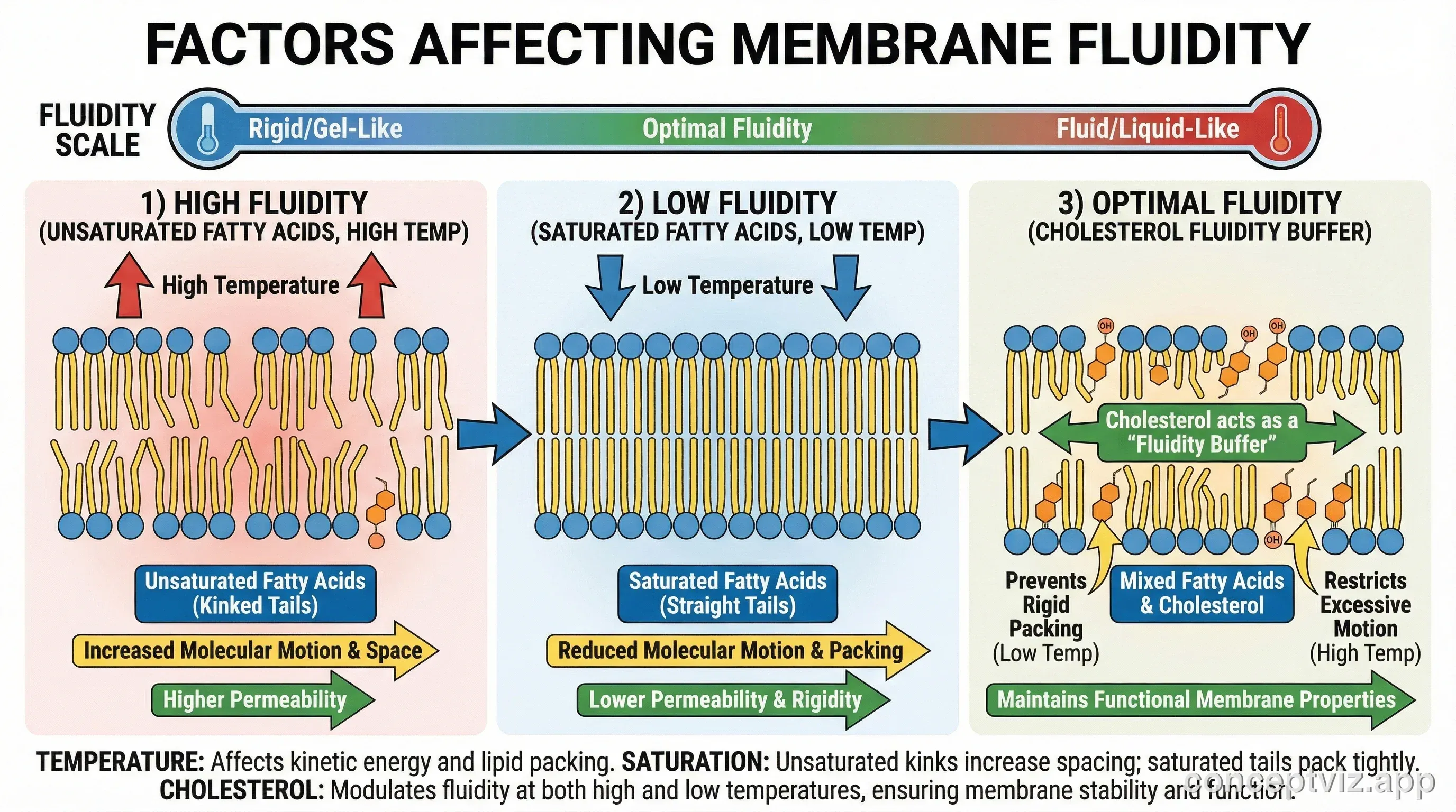 Diagram comparing factors affecting membrane fluidity