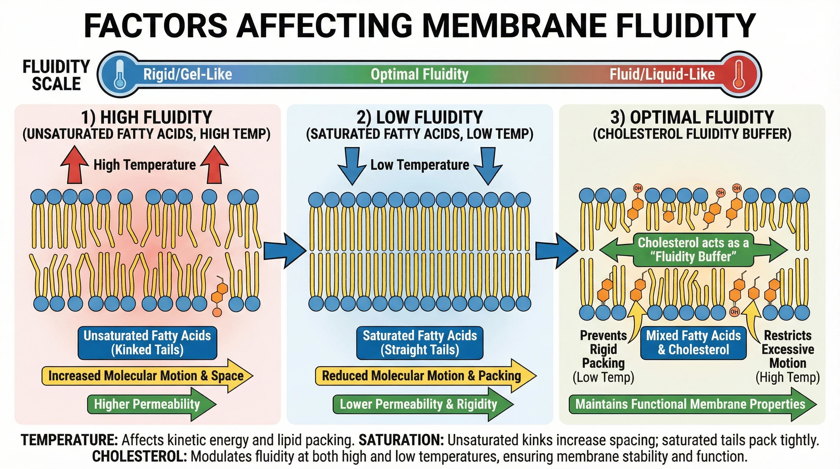 Diagram comparing factors affecting membrane fluidity
