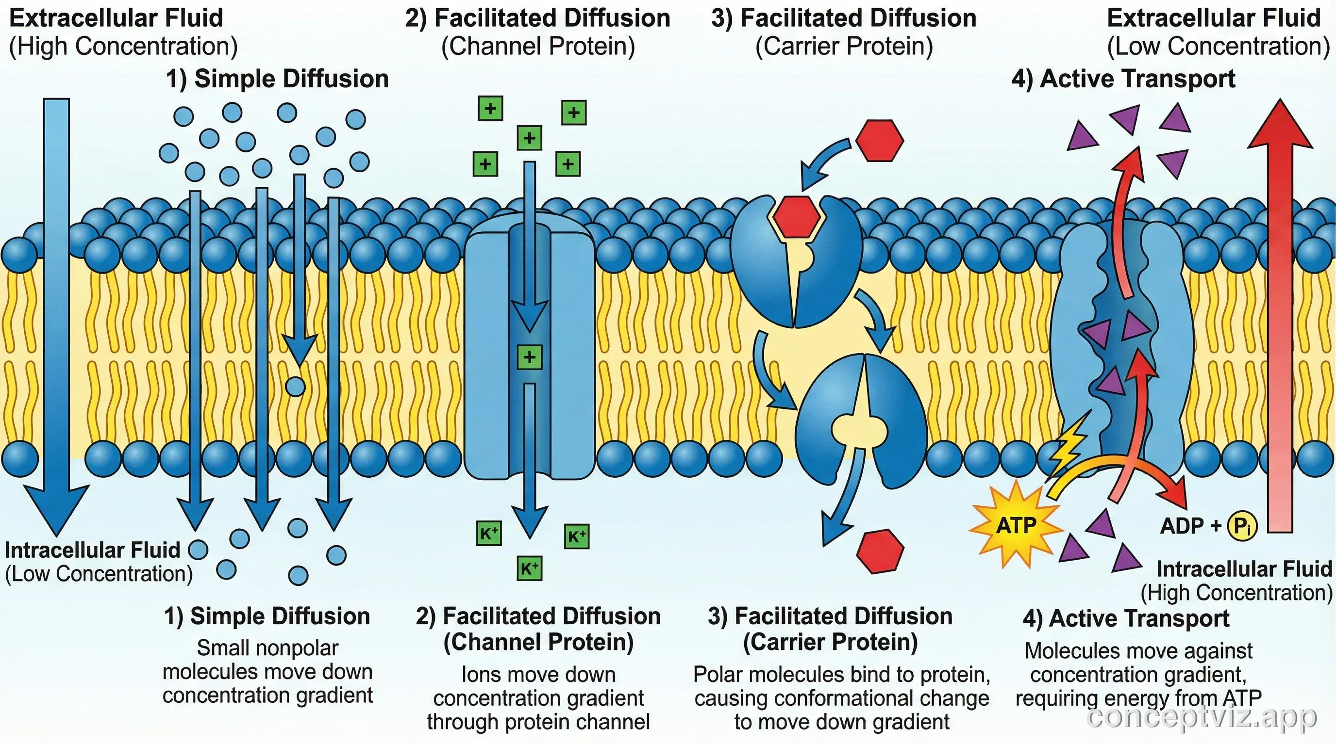 Diagram showing different types of transport across phospholipid membrane