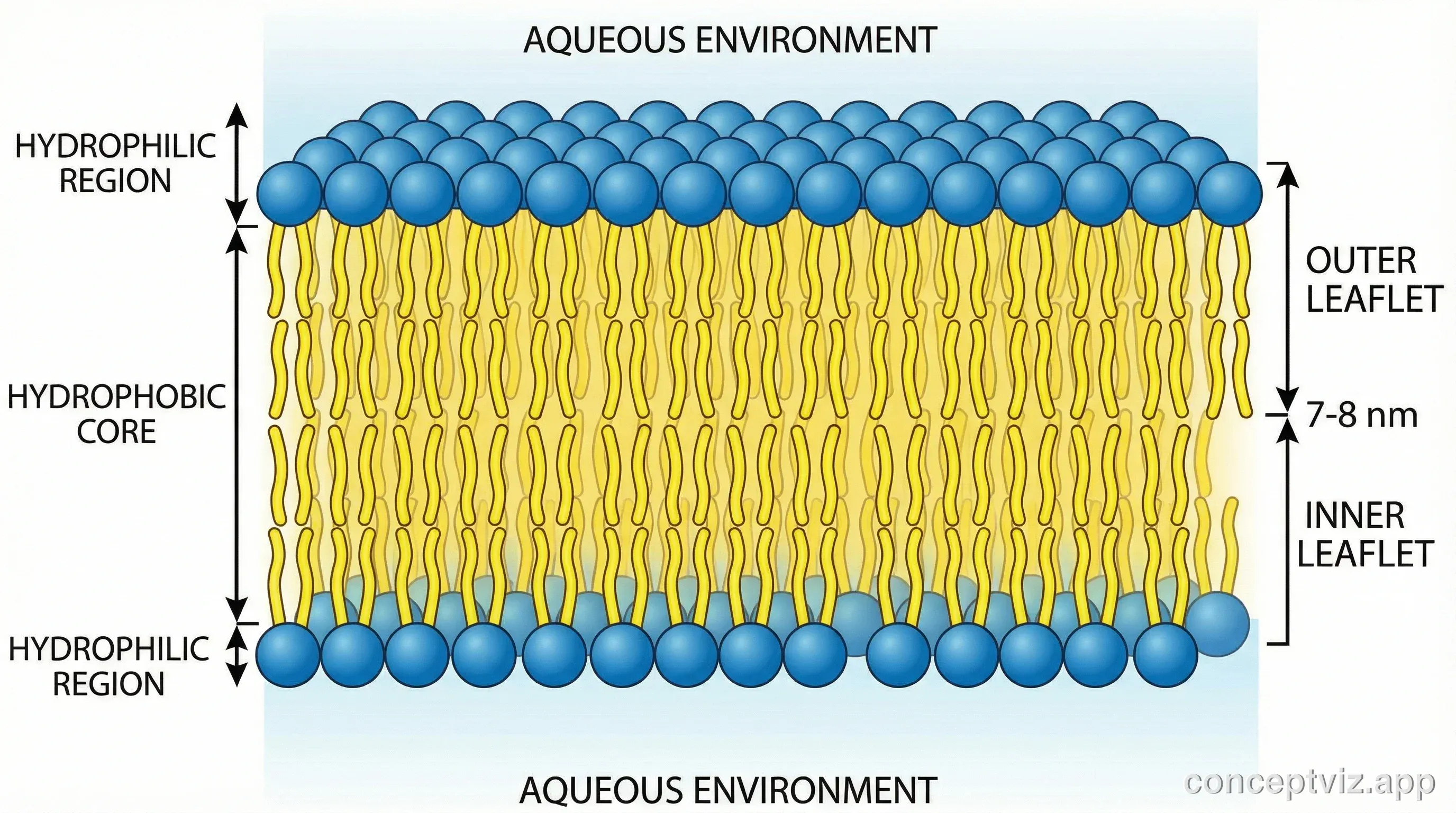Cross-section of phospholipid bilayer showing arrangement of molecules