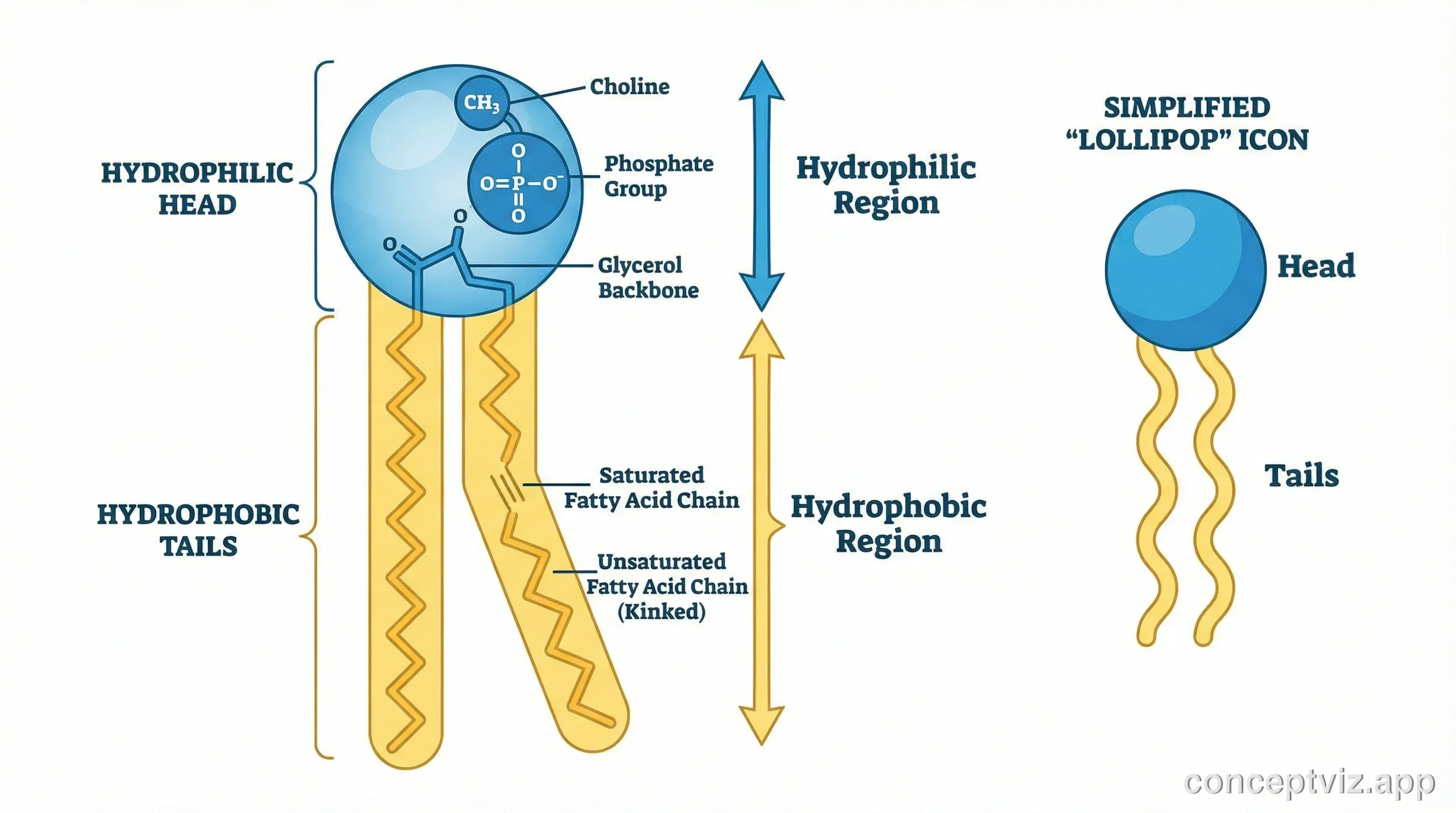 Detailed diagram of a phospholipid molecule showing hydrophilic head and hydrophobic tails