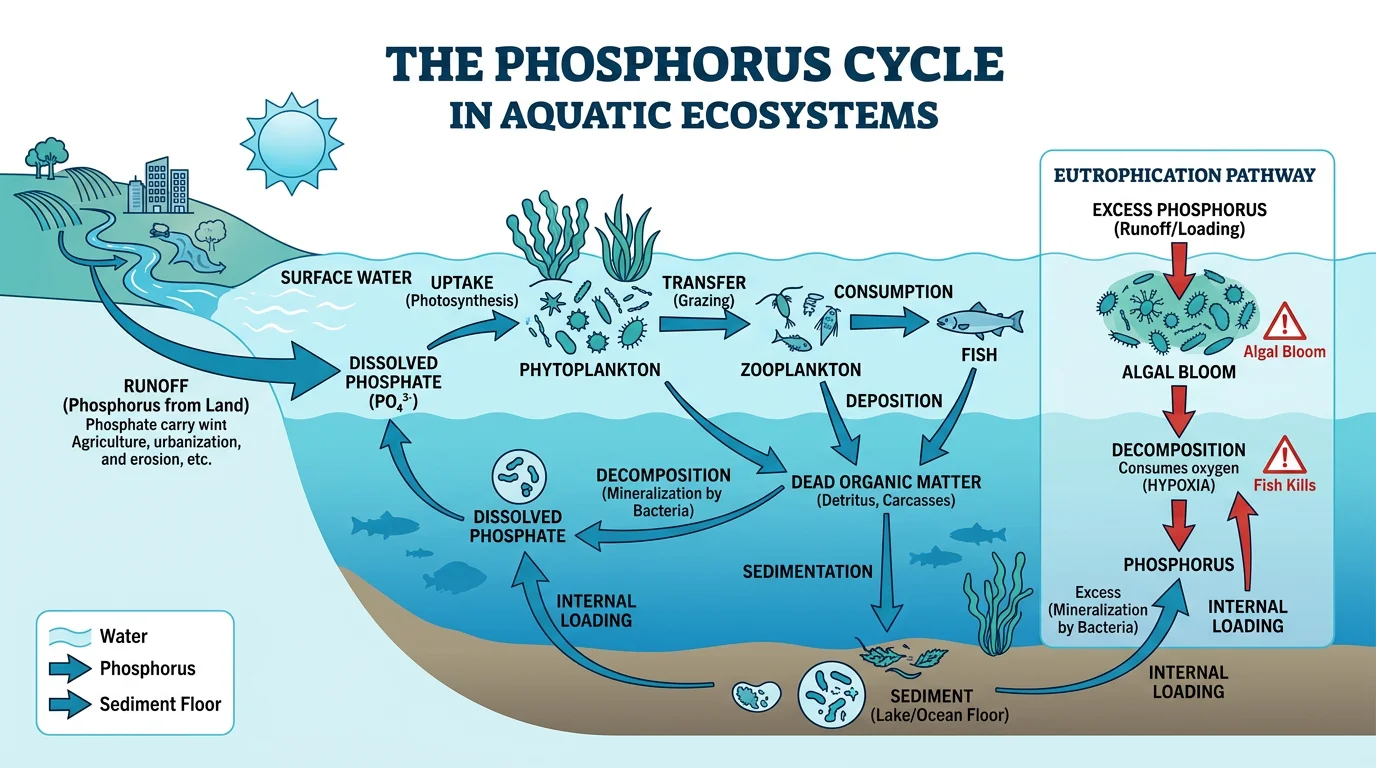 Phosphorus cycle diagram focused on aquatic ecosystems showing dissolved phosphate, phytoplankton uptake, and sediment interactions.
