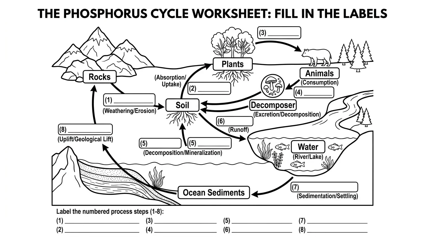 Blank phosphorus cycle diagram worksheet with empty labels and fill-in boxes for students to complete.