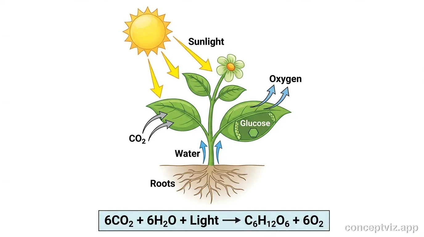 Complete labeled photosynthesis diagram showing a plant with sunlight, carbon dioxide entering leaves, water absorbed by roots, oxygen released, and glucose produced. Includes the photosynthesis equation: 6CO₂ + 6H₂O + Light → C₆H₁₂O₆ + 6O₂. Educational illustration with arrows showing inputs and outputs.
