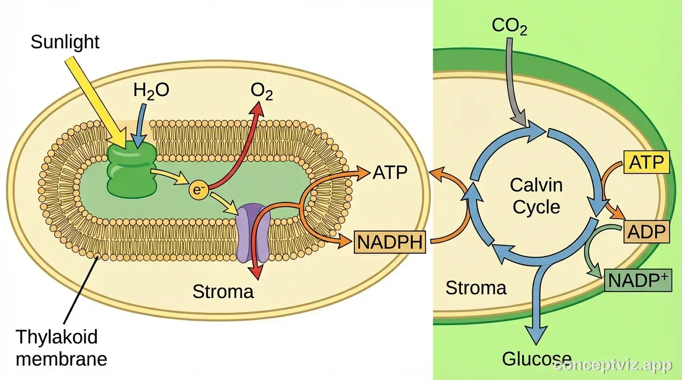 Detailed photosynthesis diagram showing both stages: light-dependent reactions in the thylakoid membrane producing ATP and NADPH from water and sunlight, releasing oxygen; and the Calvin cycle in the stroma using CO2 to produce glucose. Scientific diagram with arrows showing electron flow and molecule transformations.