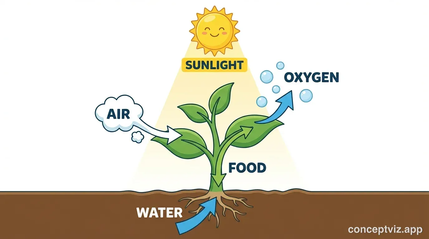 Simple cartoon-style photosynthesis diagram for elementary students. A friendly smiling sun shines on a green plant. Labels show: Sunlight, Air (CO2), Water, Food, and Oxygen with cute bubble icons. Bright cheerful colors with easy-to-read large text.