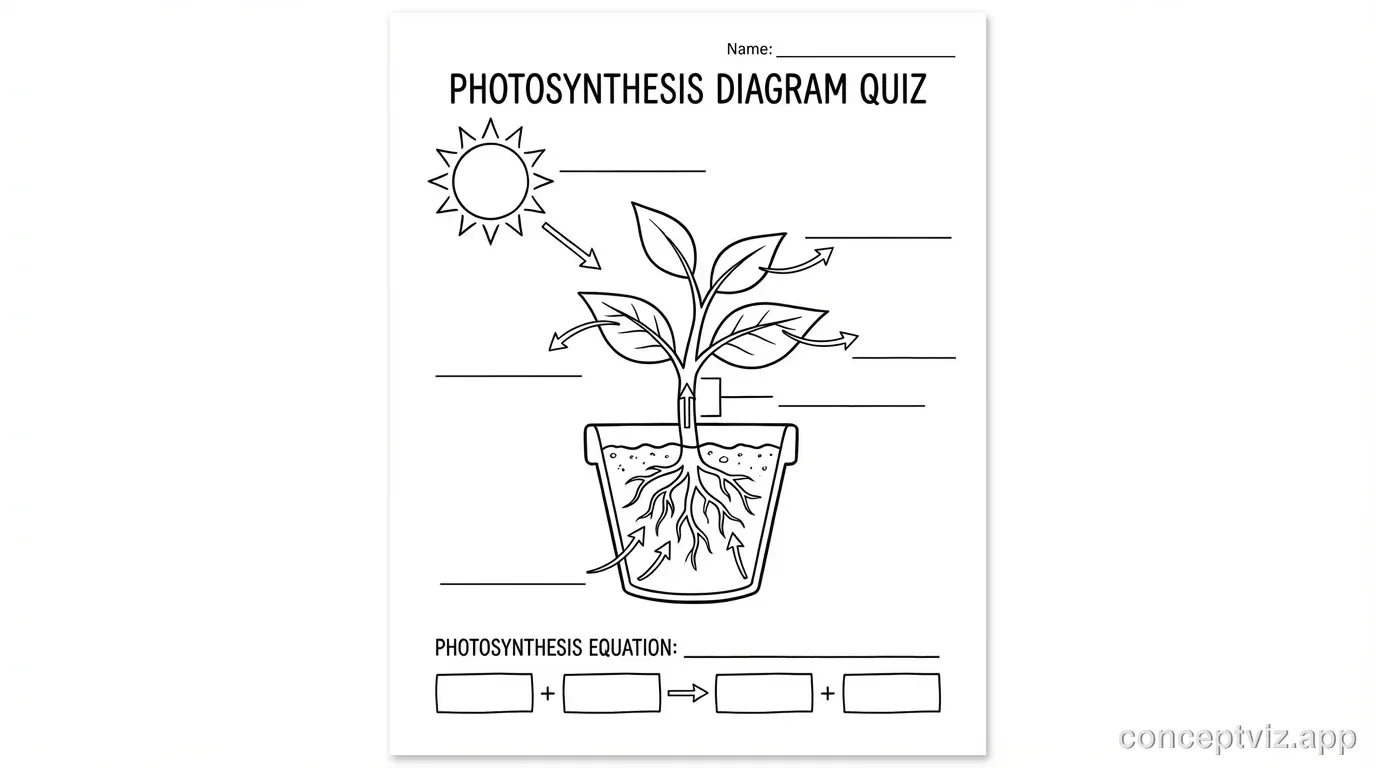 Black and white photosynthesis diagram worksheet without labels for student quizzes. Shows a plant with blank lines pointing to sun, gases, water, and products. Includes empty boxes for students to write the photosynthesis equation. Clean line art style suitable for printing.