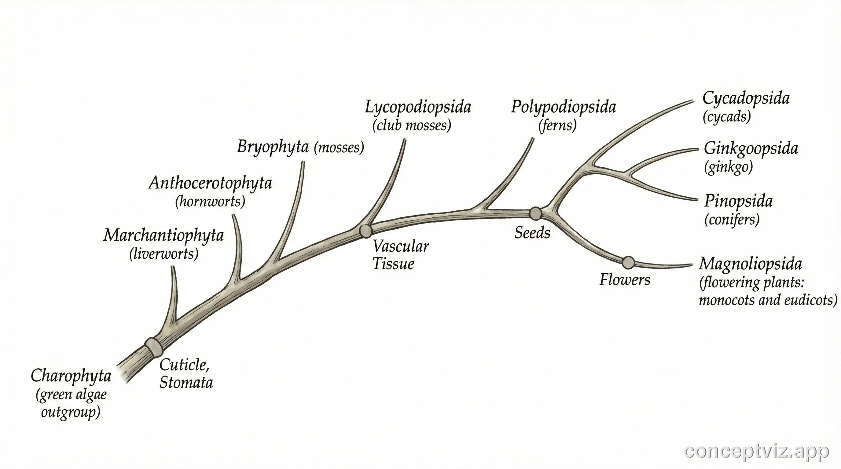 Phylogenetic tree tracing the evolution of land plants from green algae to angiosperms with key evolutionary innovations.