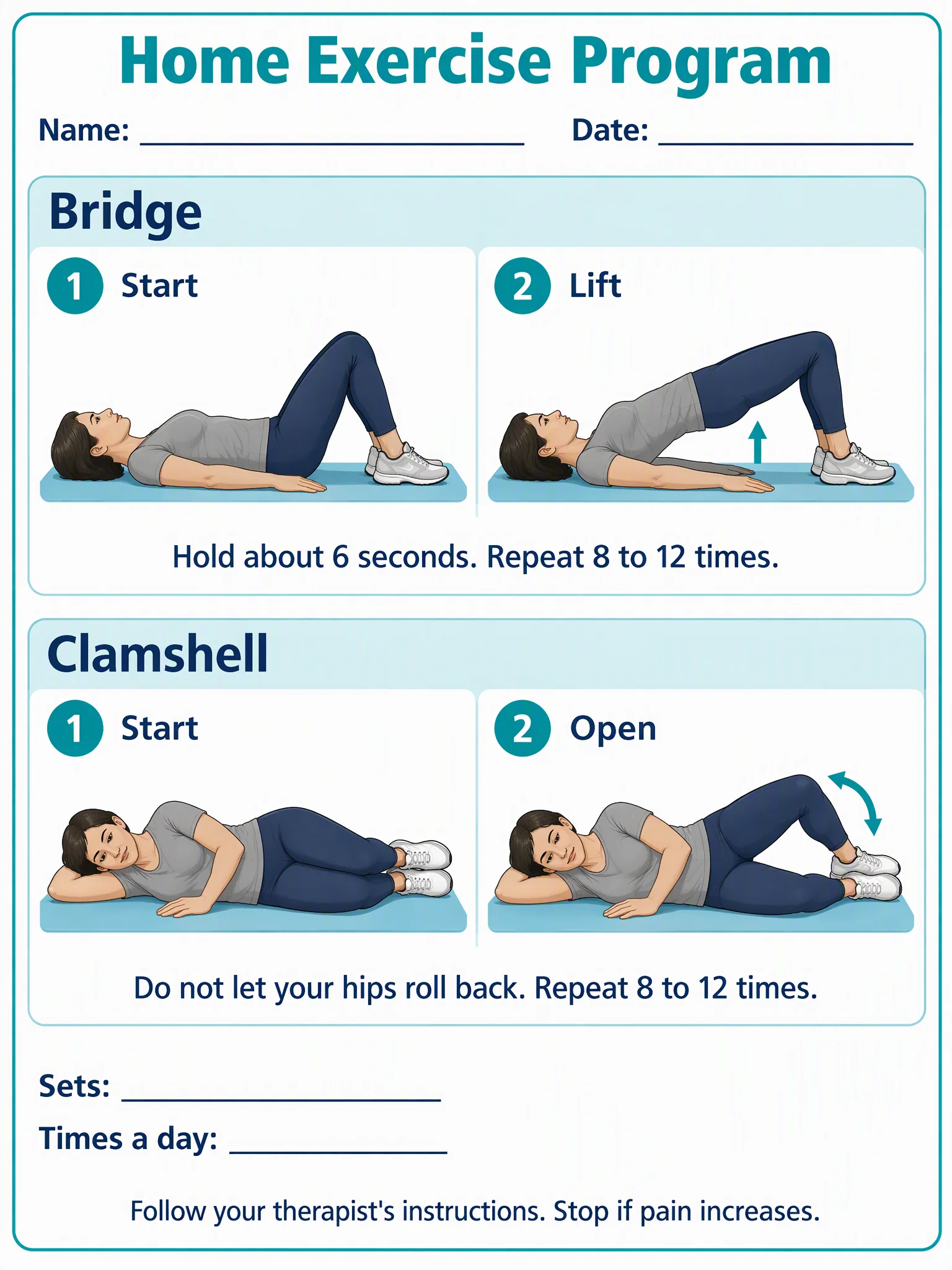 AI-generated one-page home exercise program handout with a bridge and a clamshell, each in two steps, with blank lines for name, date, sets and times a day