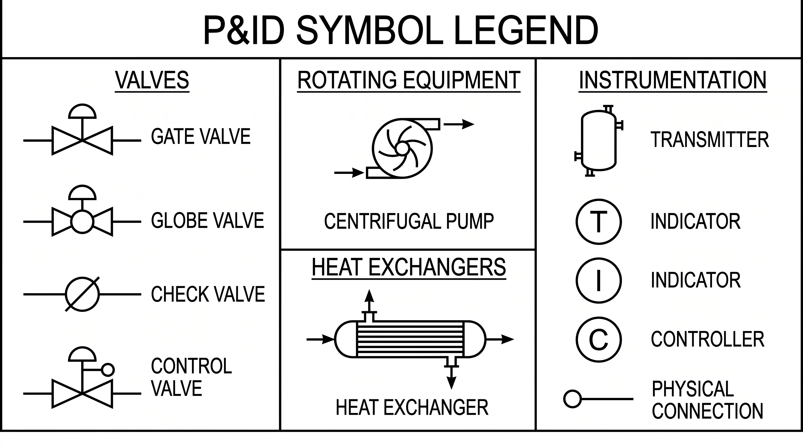 A legend of common P&ID ISA symbols: valves, pumps, vessels, and instrument bubbles, labeled