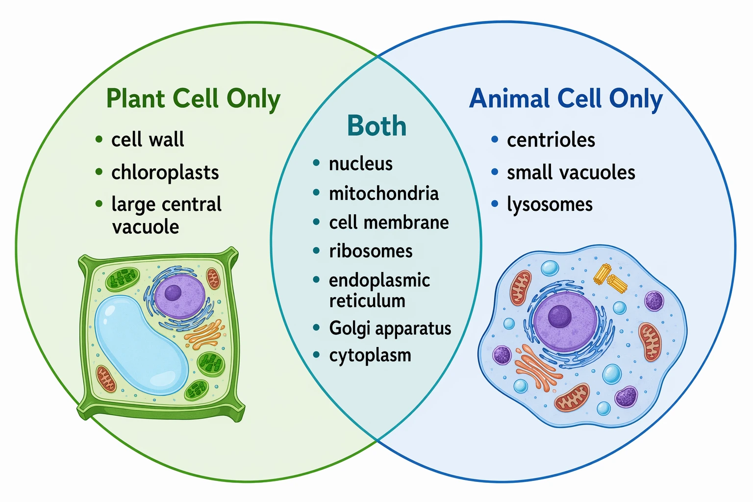 Venn diagram comparing a plant cell and an animal cell, with plant-only, shared, and animal-only structures listed