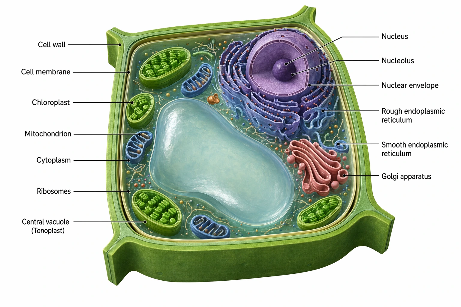 A 3D cut-away plant cell model showing the organelles in three dimensions with labeled callout lines
