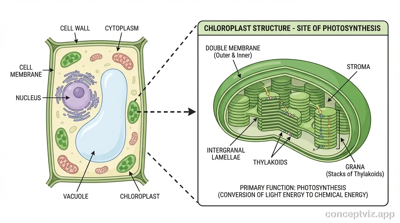 Plant cell diagram with special focus on chloroplasts. The main cell shows several green oval-shaped chloroplasts distributed around the cell edges near the membrane. A magnified callout box shows one chloroplast in detail, revealing its internal structure with stacked coin-like thylakoids forming grana, connected by stroma lamellae. Labels identify the outer membrane, inner membrane, thylakoid stacks, grana, and stroma. Text reads "Site of Photosynthesis" highlighting the chloroplast function.