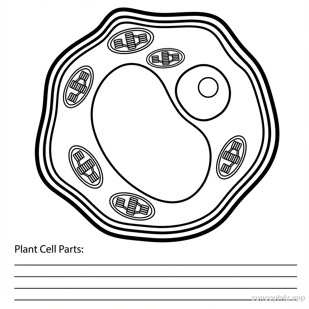 Black and white line drawing of a plant cell designed for coloring. The cell has thick black outlines creating a rectangular shape with the cell wall clearly visible as the outer layer. The large central vacuole is a big empty space in the middle. Oval chloroplasts line the edges. The circular nucleus is on one side. All areas are white and empty, ready to be colored in. Blank lines at the bottom allow students to write organelle names.